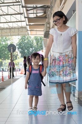 Children And Mother Go To School First Day Use For Education ,ki… Stock Photo