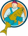 Fishmonger Salmon Fish Circle Cartoon Stock Photo