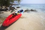 Sea Kayak Canoe On Sea Sand Beach With Beautiful Nature Coast Be Stock Photo