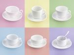 Set Of Different Cup Of Coffee On Many Color Background Stock Photo