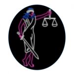 Lady Justice Holding Sword And Balance Oval Neon Sign Stock Photo