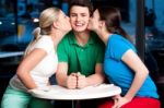 Two Girls Kissing Handsome Young Boy Stock Photo