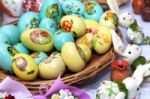 Wooden Easter Eggs In A Nest - Easter Decoration Stock Photo