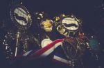 Golden Trophies And Medal Ribbon Close Up Background Stock Photo