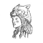 Native American Woman Wearing Wolf Head Stock Photo