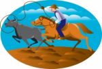 Cowboy Riding Horse Lasso Bull Cow Stock Photo