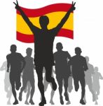 Winner With The Spain Flag At The Finish Stock Photo