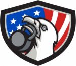 Bald Eagle Lifting Kettleball Usa Flag Shield Retro Stock Photo
