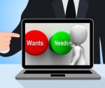 Wants Needs Buttons Displays Materialism Happy Life Balance Stock Photo
