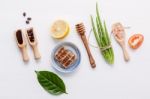 Natural Herbal Skin Care Products. Top View Ingredients Aloe Ver Stock Photo