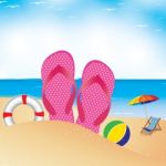 Beach Umbrella With Chair On The Beach. Slipper And Football In Sand Stock Photo