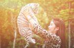 Women Hold Baby White Bengal Tiger Stock Photo