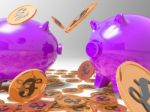 Raining Coins On Piggybanks Shows Richness Stock Photo