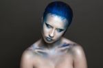 Art Makeup With Blue Hair And Rhinestones Stock Photo