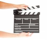 Film Clapper Board With Space And Hand Stock Photo