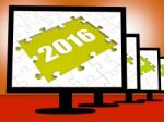 Two Thousand And Sixteen On Monitors Shows Year 2016 Resolution Stock Photo