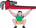Plumber Weightlifter Lifting Monkey Wrench Cartoon Stock Photo