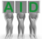 Aid Placards Shows First Aid Assistance And Support Stock Photo