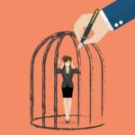 Business Woman Standing In A Hand Drawn Cage Stock Photo
