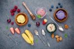 Flat Lay Ice Cream With Various Fruits Raspberry ,blueberry ,str Stock Photo