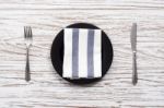 Empty Plate Napkin Fork Knife Silverware White Wooden Table Back Stock Photo