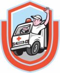 Ambulance Emergency Vehicle Driver Waving Shield Cartoon Stock Photo