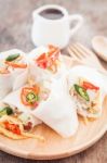 Fresh Spring Rolls On Wooden Table Stock Photo