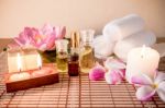 Aromatherapy Essential Oil, Natural Soap And Lilac Flower Stock Photo