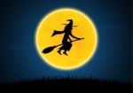 Halloween Silhouette Witch On Broom Moon Graveyard Stock Photo