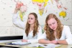 Dutch Teenage Girl With Learn Finger In Geography Lesson Stock Photo