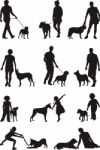 Silhouette People With Dog Stock Photo
