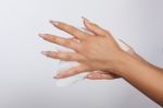 Hand With Long Nails Clean With Wet Wipes Stock Photo