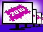 Two Thousand And Fifteen On Monitors Shows Year 2015 Resolution Stock Photo