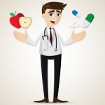 Cartoon Pharmacist With Apple And Pills Stock Photo