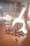 Roast Coffee Bean In White Mug Stock Photo