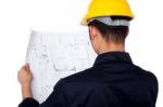 Civil Engineer Reviewing Blueprint Stock Photo