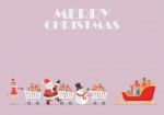 Santa Claus Santa Girl And Snowman Push A Shopping Cart To Sleig Stock Photo