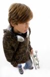 Top View Of Child With Skateboard And Headphone Stock Photo