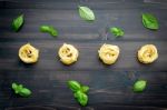 Ingredients For Homemade Pasta On Dark Wooden Background Stock Photo