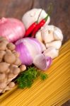 Italian Pasta And Mushroom Sauce Ingredients Stock Photo