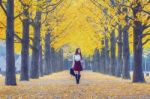 Beautiful Girl With Yellow Leaves In Nami Island, Korea. Vintage Tone Style Stock Photo