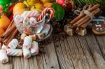 Christmas Dinner On Rustic Table Stock Photo