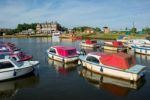 Boats Moored On Oulton Broad Stock Photo