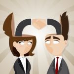 Cartoon Businessman And Businesswoman Check Hand In They Head Stock Photo