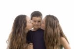 Girls Kissing Young Little Boy Stock Photo