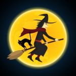 Halloween Witch Flying On Broom Growl Black Cat Stock Photo