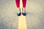 High Heels Girl Walking On Street Stock Photo