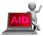 Aid And Character Laptop Shows Assisting Aiding Helping Or Relie Stock Photo