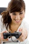 Young Woman Playing Video Game Stock Photo