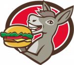 Donkey Mascot Serving Hamburger Oval Retro Stock Photo